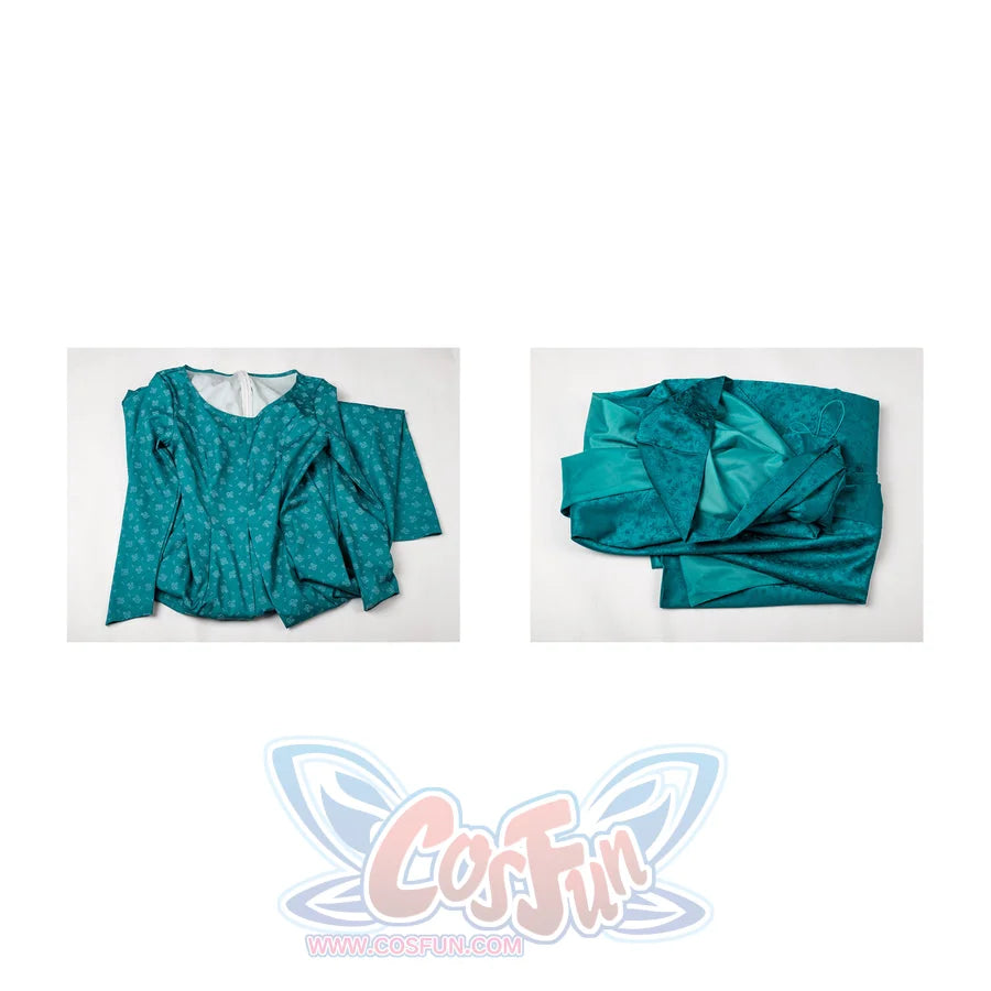 Alicent Hightower cosplay costume flat lay presents the teal dress beside the matching cloak.