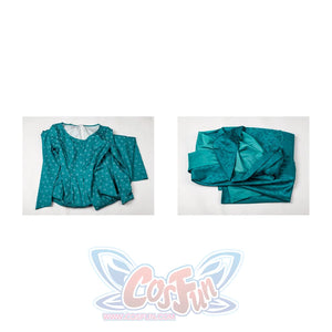 House of the Dragon Alicent Hightower cosplay costume flat lay presents the teal dress beside the matching cloak