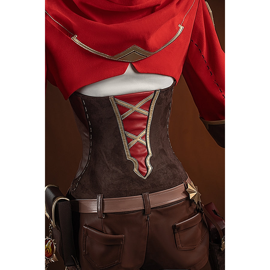 Genshin Impact Amber cosplay back bodice lacing detail centers red cords across the brown waist panel.