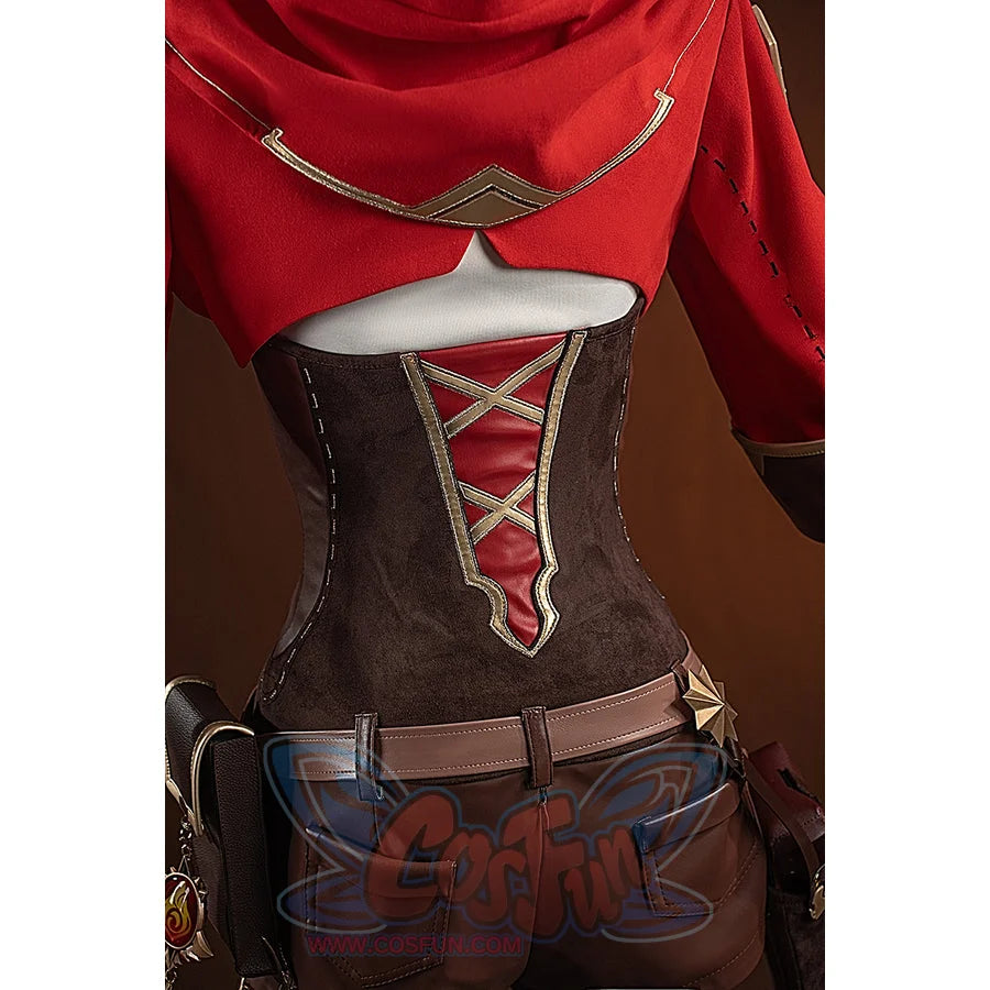 Genshin Impact Amber cosplay back bodice lacing detail centers red cords across the brown waist panel.