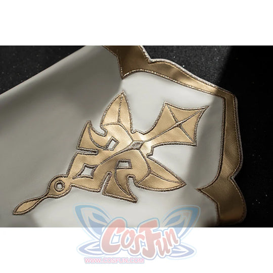 Genshin Impact Amber cosplay bodysuit chest detail centers gold embroidery over the white neckline.