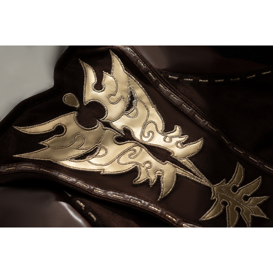 Amber cosplay bodysuit embroidery detail shows gold leaf patterns raised over glossy brown fabric.