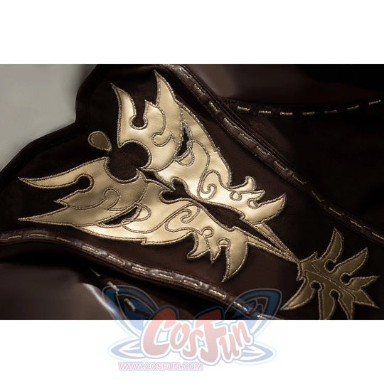 Amber cosplay bodysuit embroidery detail shows gold leaf patterns raised over glossy brown fabric.