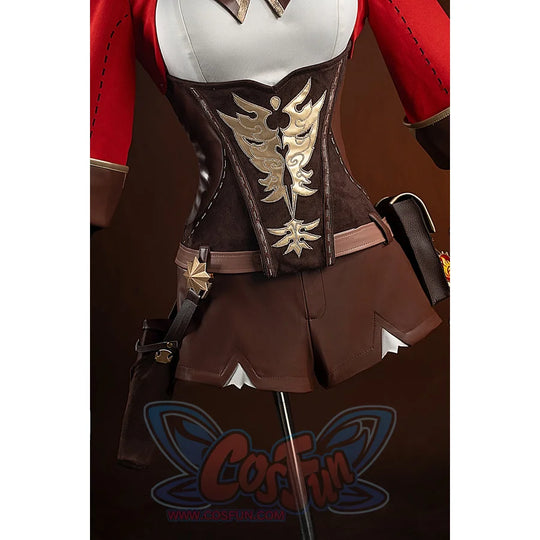 Genshin Impact Amber cosplay bodysuit front detail centers gold embroidery over brown jacquard panels.