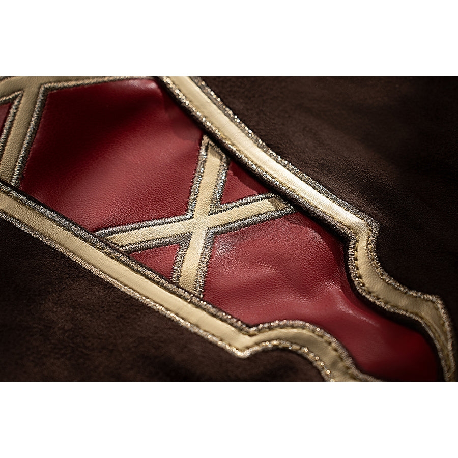 Genshin Impact Amber cosplay bodysuit detail highlights a red inset panel framed by gold embroidery.