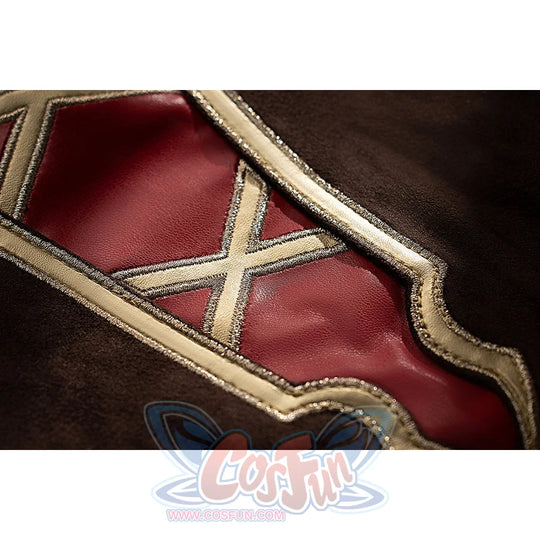 Genshin Impact Amber cosplay bodysuit detail highlights a red inset panel framed by gold embroidery.