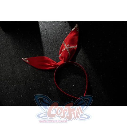Genshin Impact Amber cosplay bunny ear headband flat lay shows red fabric ears on a slim red band.