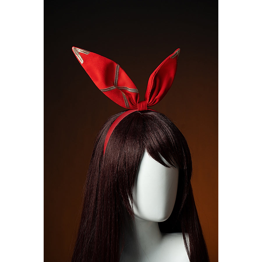 Genshin Impact Amber cosplay headband forms red bunny ears above the character-style hair silhouette.