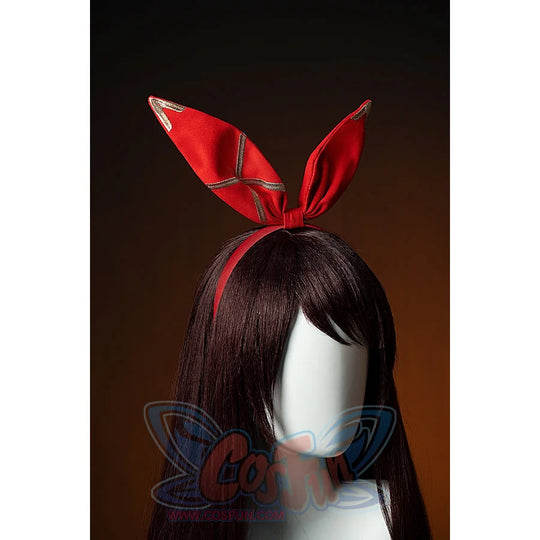 Genshin Impact Amber cosplay headband forms red bunny ears above the character-style hair silhouette.