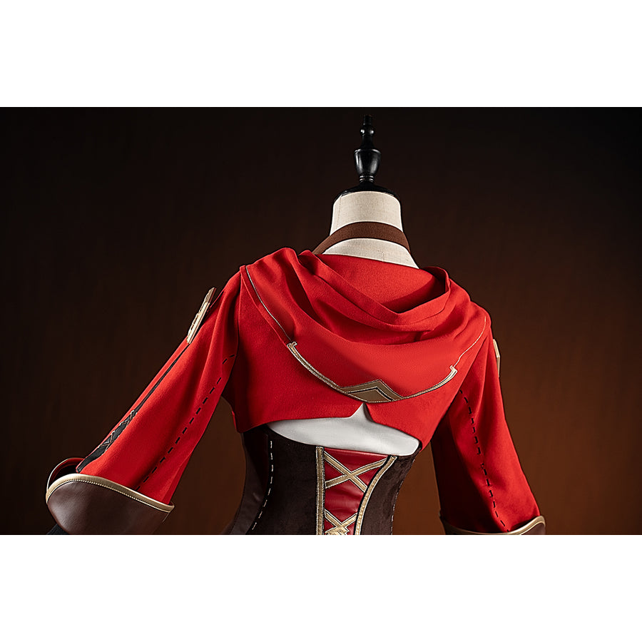 Genshin Impact Amber cosplay coat hood back detail shows red fabric above the brown lace-up bodice.