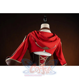Genshin Impact Amber cosplay coat hood back detail shows red fabric above the brown lace-up bodice.