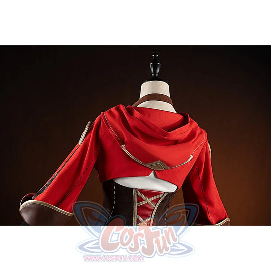 Genshin Impact Amber cosplay coat hood back detail shows red fabric above the brown lace-up bodice.