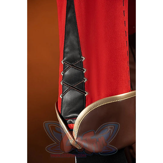 Genshin Impact Amber cosplay coat detail highlights black faux leather lacing set into the red sleeve panel.