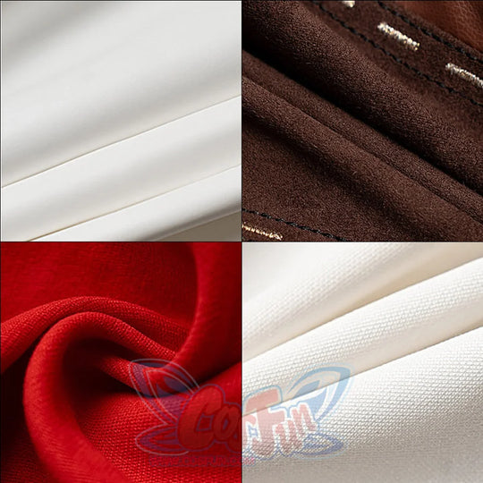 Genshin Impact Amber cosplay costume material swatches show red, brown and white fabric textures.