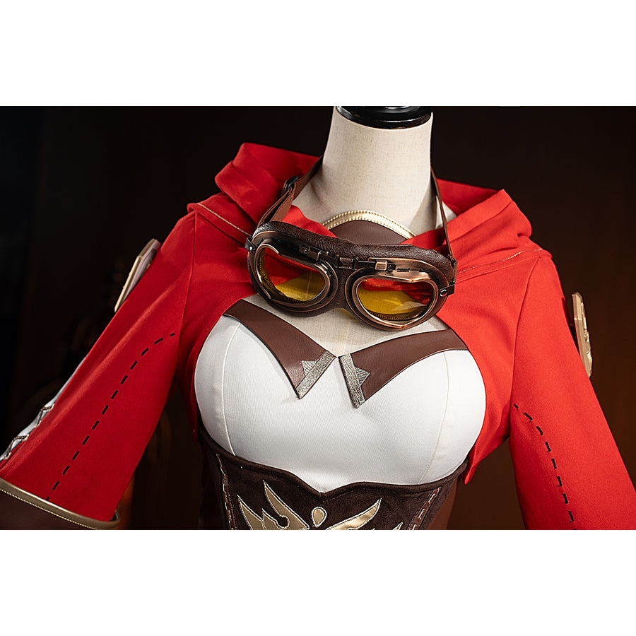 Genshin Impact Amber cosplay costume upper front detail frames the goggles above the white bodysuit neckline.