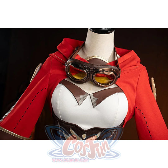 Genshin Impact Amber cosplay costume upper front detail frames the goggles above the white bodysuit neckline.