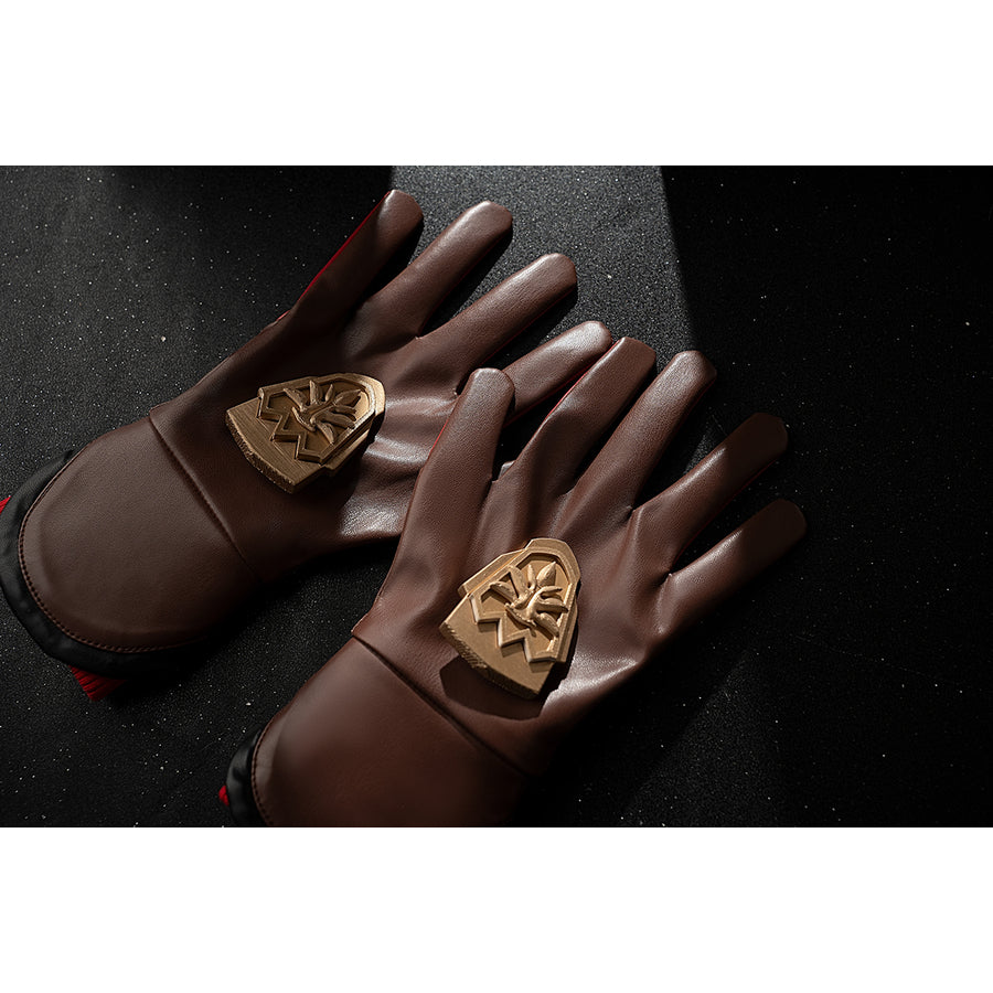 Genshin Impact Amber cosplay gloves feature brown cuffs finished with gold-tone hand back accessories.
