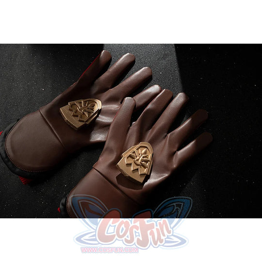 Genshin Impact Amber cosplay gloves feature brown cuffs finished with gold-tone hand back accessories.