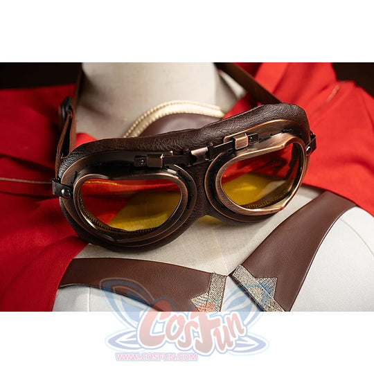 Genshin Impact Amber cosplay goggles detail rests against the red coat and brown chest straps.