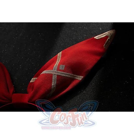 Genshin Impact Amber cosplay headband ear detail shows red fabric stitching and gold-tone edge accents.