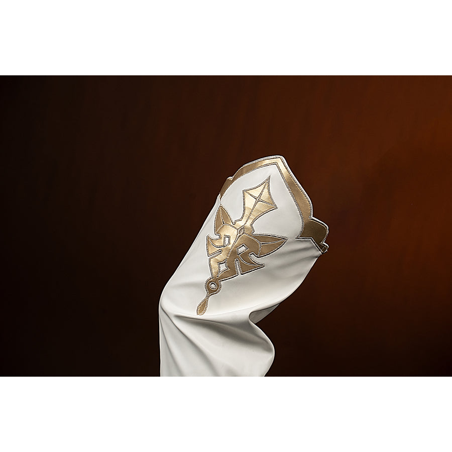 Genshin Impact Amber cosplay leg warmer detail highlights gold embroidery on the white fabric panel.
