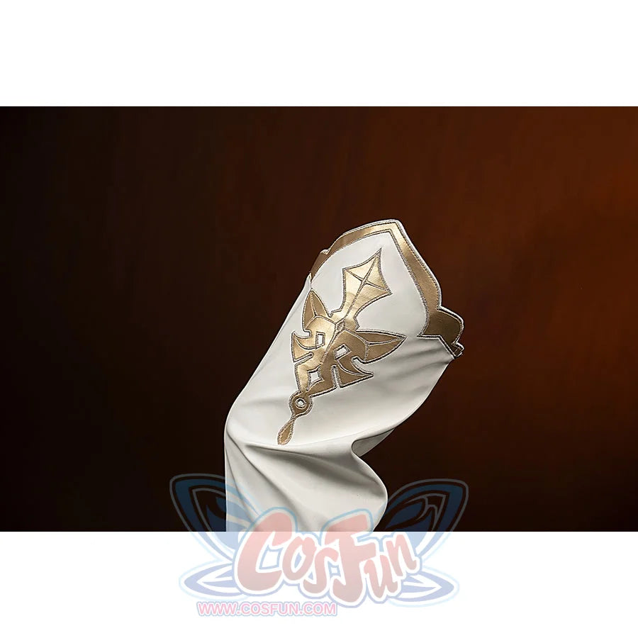 Genshin Impact Amber cosplay leg warmer detail highlights gold embroidery on the white fabric panel.