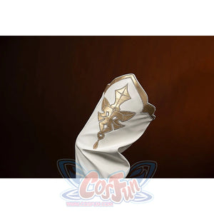 Genshin Impact Amber cosplay leg warmer detail highlights gold embroidery on the white fabric panel.