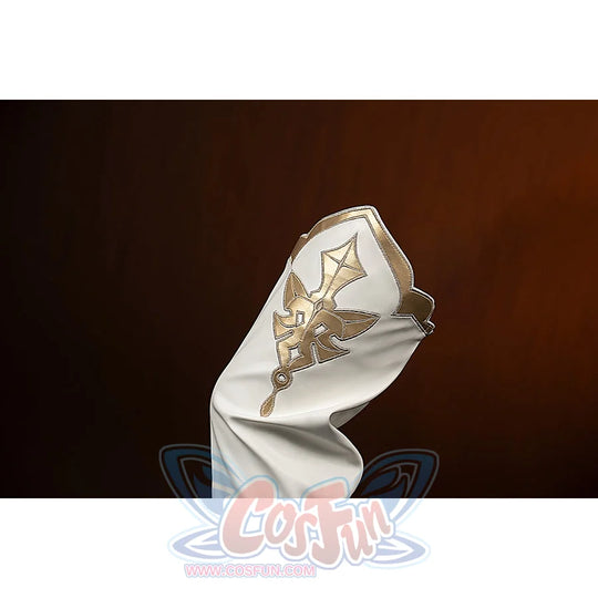Genshin Impact Amber cosplay leg warmer detail highlights gold embroidery on the white fabric panel.