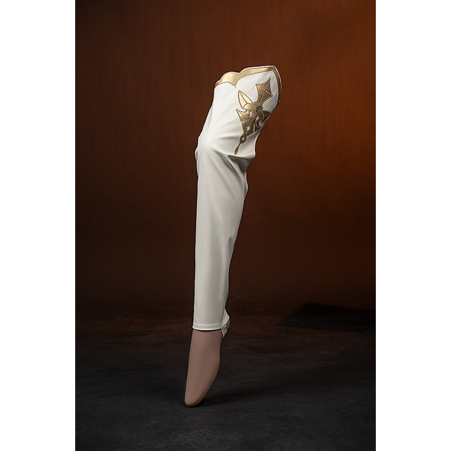 Genshin Impact Amber cosplay leg warmer front view shows white fabric tapering into a brown foot cover.
