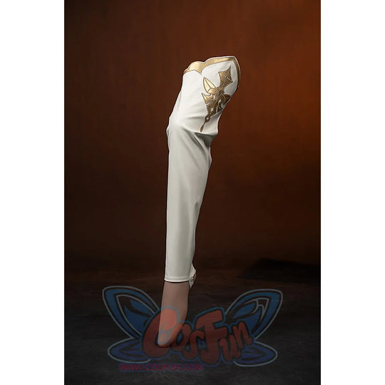 Genshin Impact Amber cosplay leg warmer front view shows white fabric tapering into a brown foot cover.
