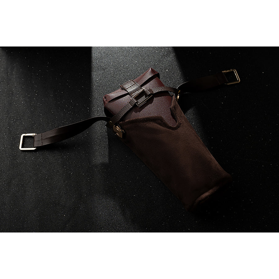 Genshin Impact Amber cosplay long side waist pouch flat lay shows brown faux leather and black straps.