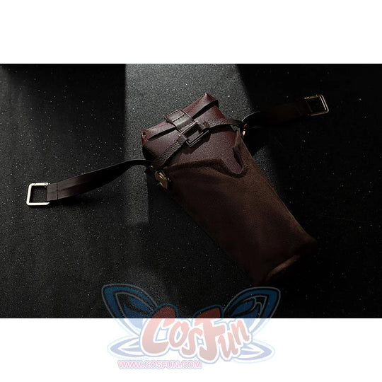 Genshin Impact Amber cosplay long side waist pouch flat lay shows brown faux leather and black straps.