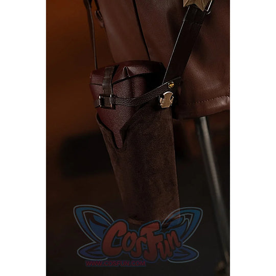 Genshin Impact Amber cosplay long waist pouch hangs from black straps along the brown side panel.