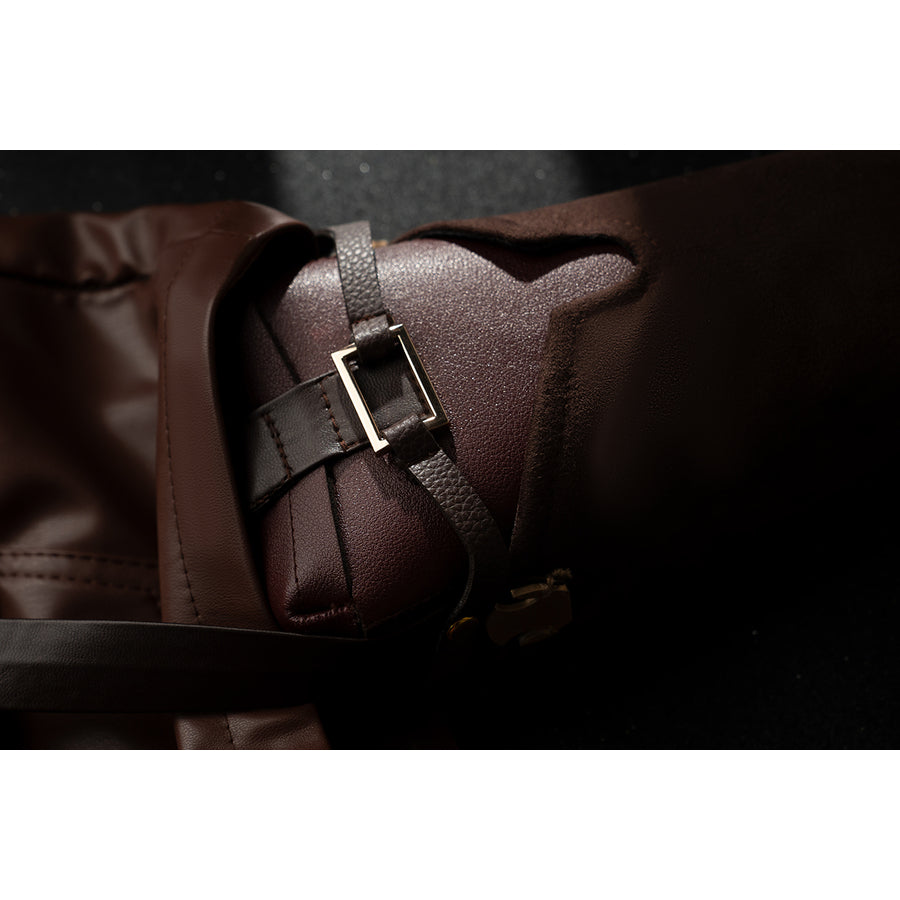 Genshin Impact Amber cosplay waist pouch buckle detail focuses on brown faux leather and a silver-tone clasp.