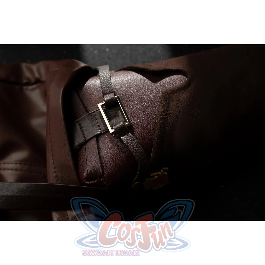 Genshin Impact Amber cosplay waist pouch buckle detail focuses on brown faux leather and a silver-tone clasp.