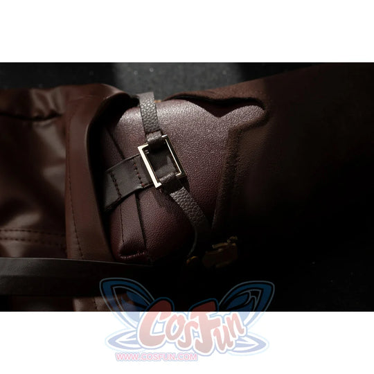 Genshin Impact Amber cosplay waist pouch buckle detail focuses on brown faux leather and a silver-tone clasp.