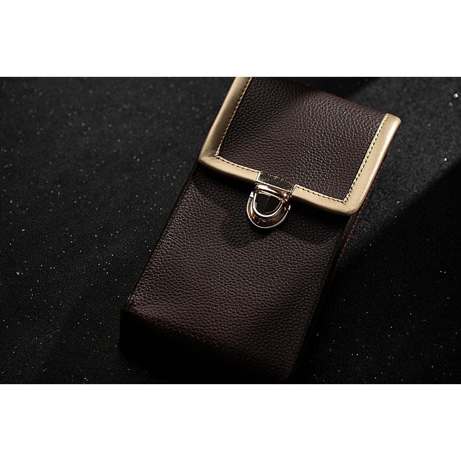 Genshin Impact Amber cosplay short side waist pouch features a brown flap finished with gold trim.