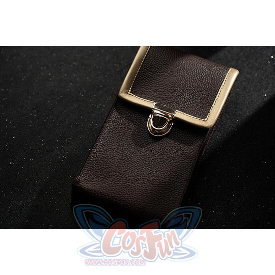 Genshin Impact Amber cosplay short side waist pouch features a brown flap finished with gold trim.