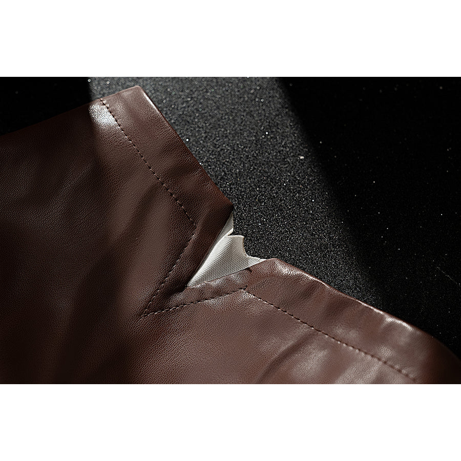 Genshin Impact Amber cosplay shorts seam detail shows brown faux leather stitching around a white inset.