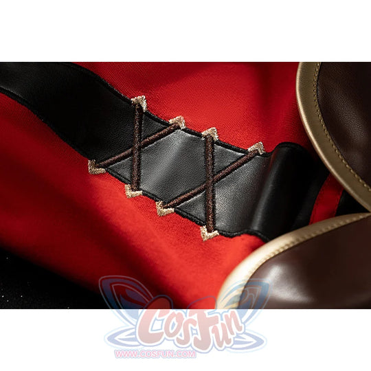 Genshin Impact Amber cosplay sleeve lacing detail shows black crisscross straps bordered by gold trim.