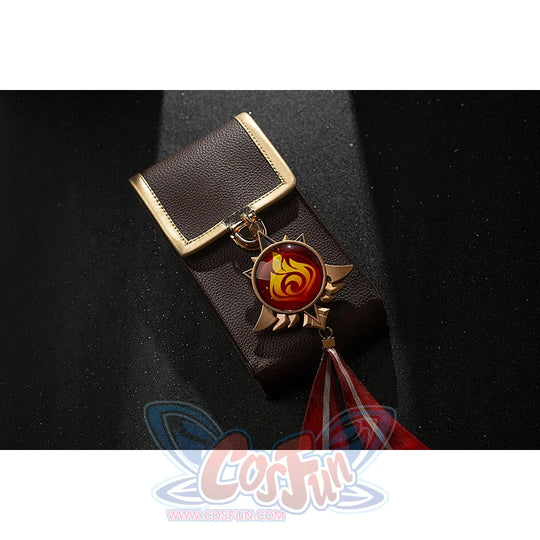 Genshin Impact Amber cosplay vision tassel flat lay pairs the gold-tone emblem with red flame ribbons.