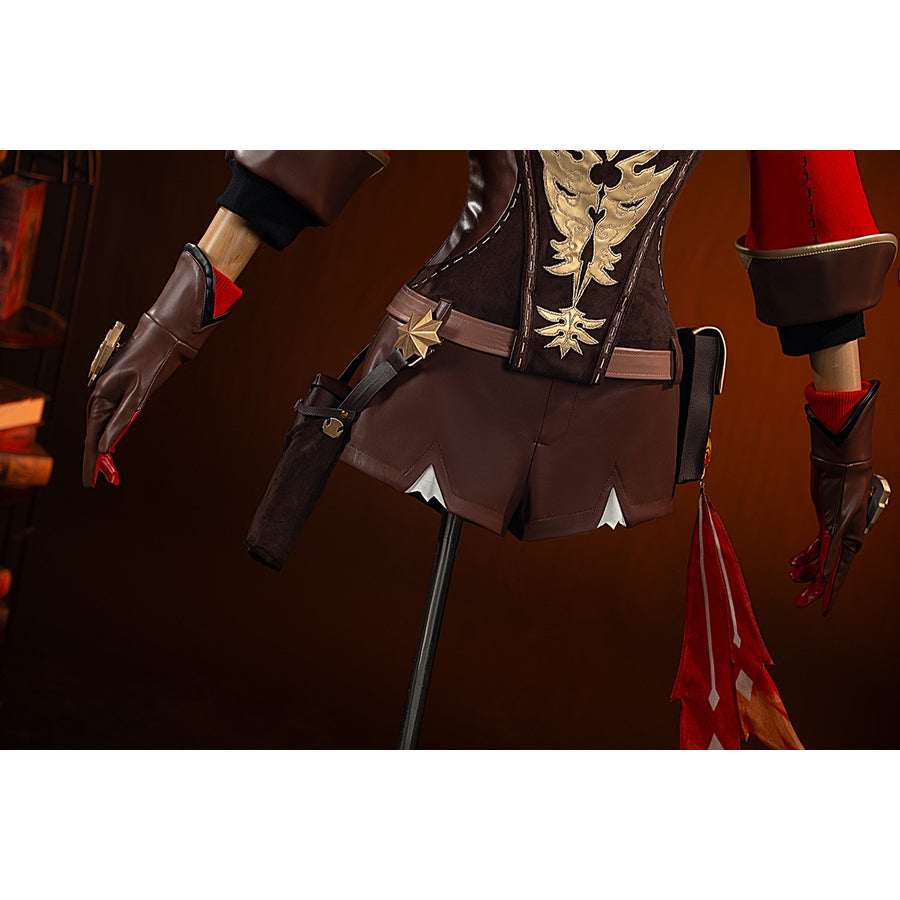 Genshin Impact Amber cosplay waist pouch side view sits beside the brown shorts and red coat hem.