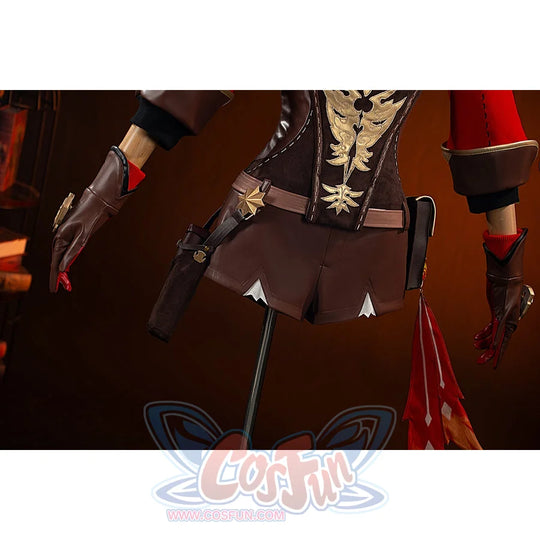 Genshin Impact Amber cosplay waist pouch side view sits beside the brown shorts and red coat hem.