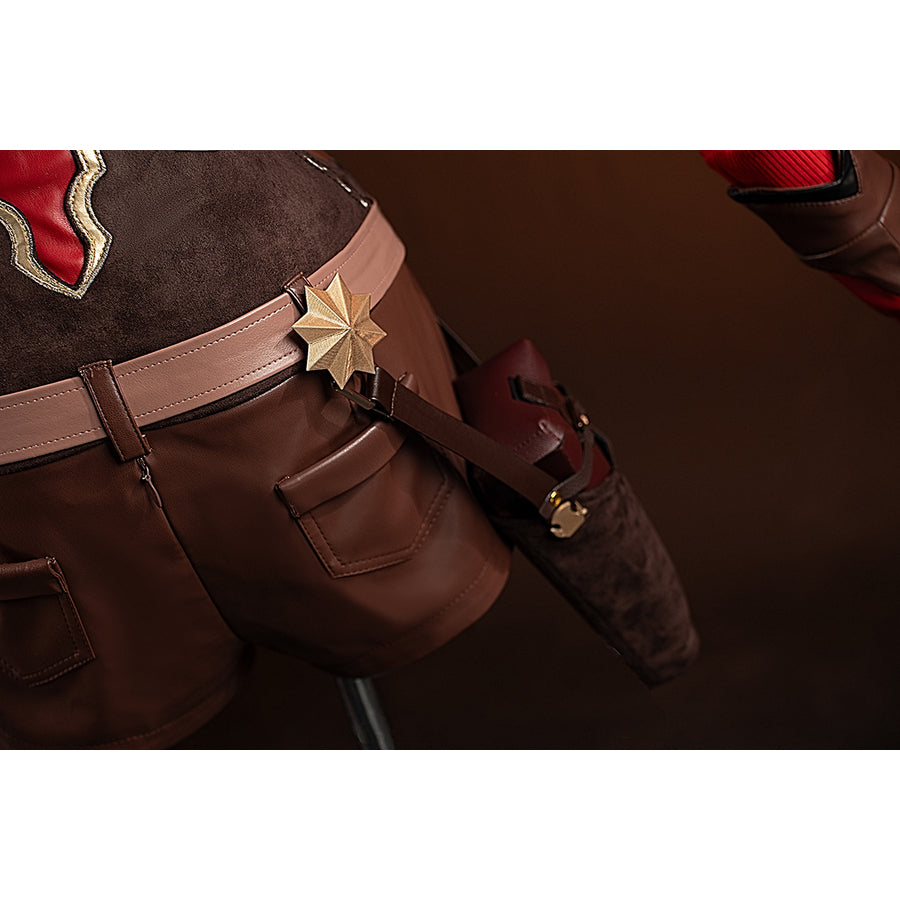 Genshin Impact Amber cosplay waist pouches and belt detail shows brown panels accented by a star piece.