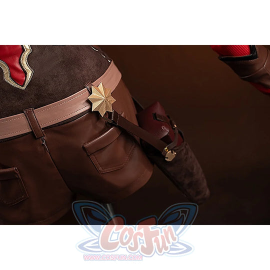 Genshin Impact Amber cosplay waist pouches and belt detail shows brown panels accented by a star piece.