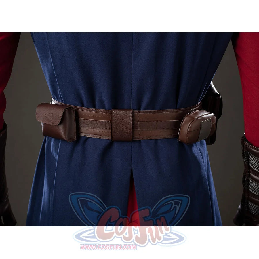 Anakin Skywalker cosplay costume back belt fastens blue tunic fabric with brown side pouches.