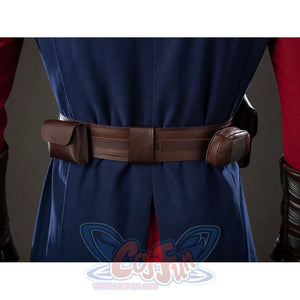 Anakin Skywalker cosplay costume back belt fastens blue tunic fabric with brown side pouches.