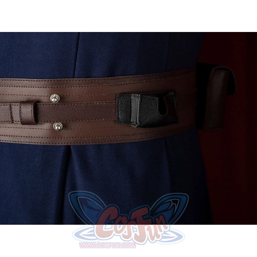 Anakin Skywalker cosplay costume back belt wraps the blue tunic with brown faux leather side pouches.
