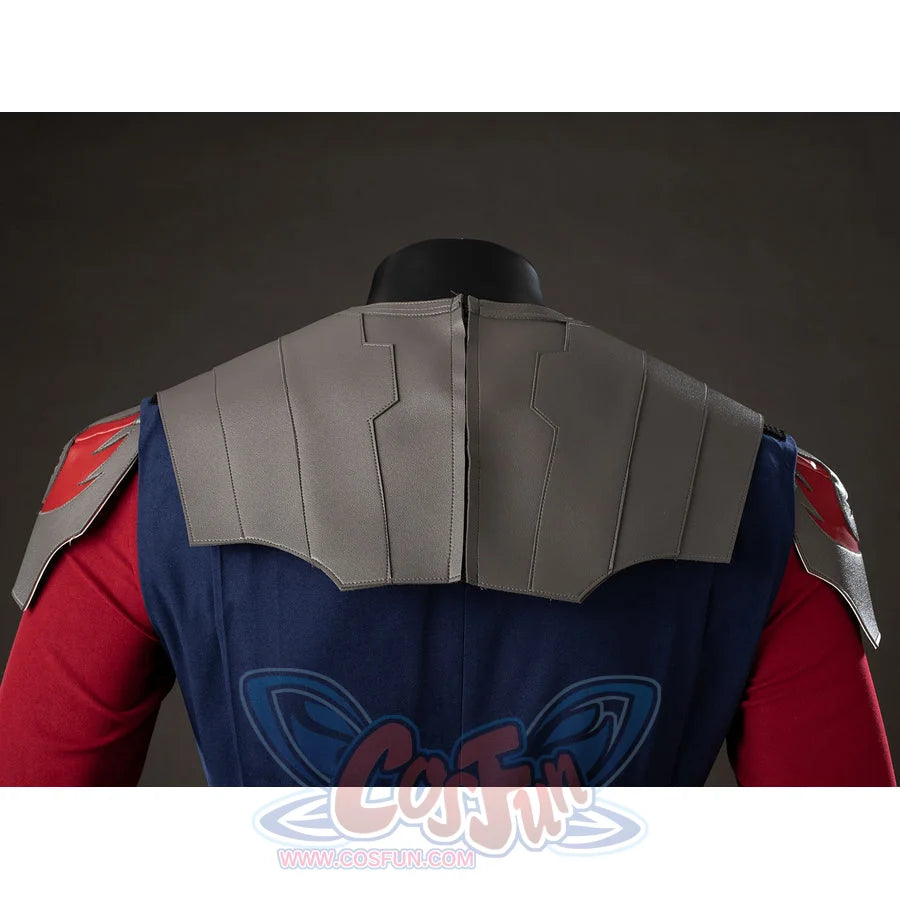 Anakin Skywalker cosplay costume back shoulder armor forms gray panels above the blue tunic.