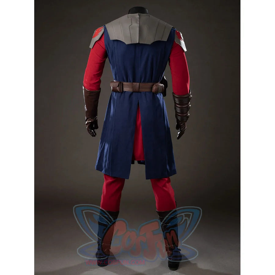 Anakin Skywalker cosplay costume back view places gray shoulder armor above blue tunic and red pants.